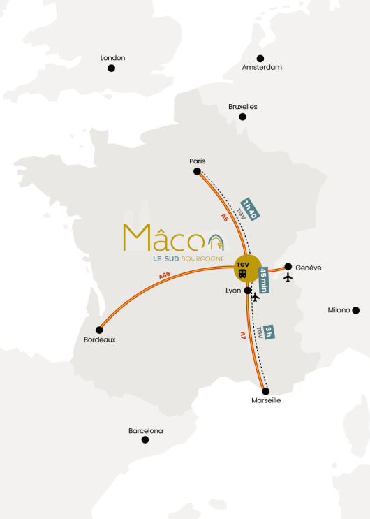 Carte, situation géographique de Mâcon Sud Bourgogne, en France.